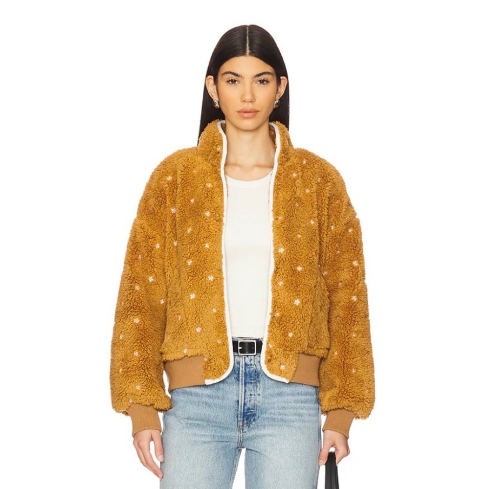 The GREAT. The Sherpa Bomber Jacket Cedar Daisy Embroidered Fleece Brown Size 2